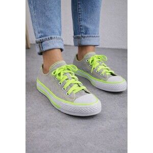 Converse All Star Low Top Gray Neon Green Sneakers Lace-Up Canvas Shoes 3.5